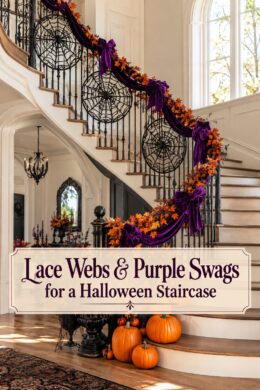 Halloween staircase decorated with lace webs purple swags and pumpkins beneath a headline about the display