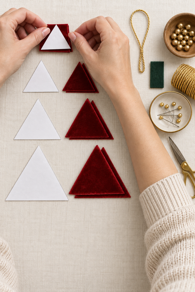 pair of hands shown cutting fabric triangles