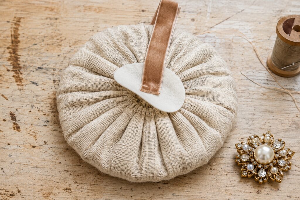 Linen pumpkin rosette with velvet stem