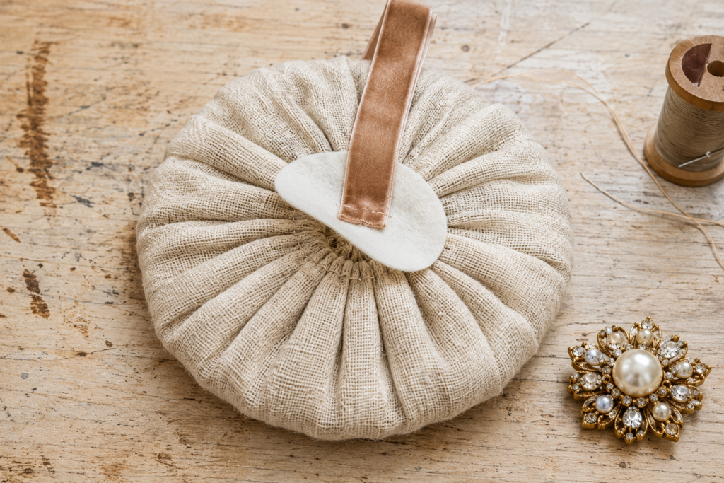 Linen pumpkin rosette with velvet stem