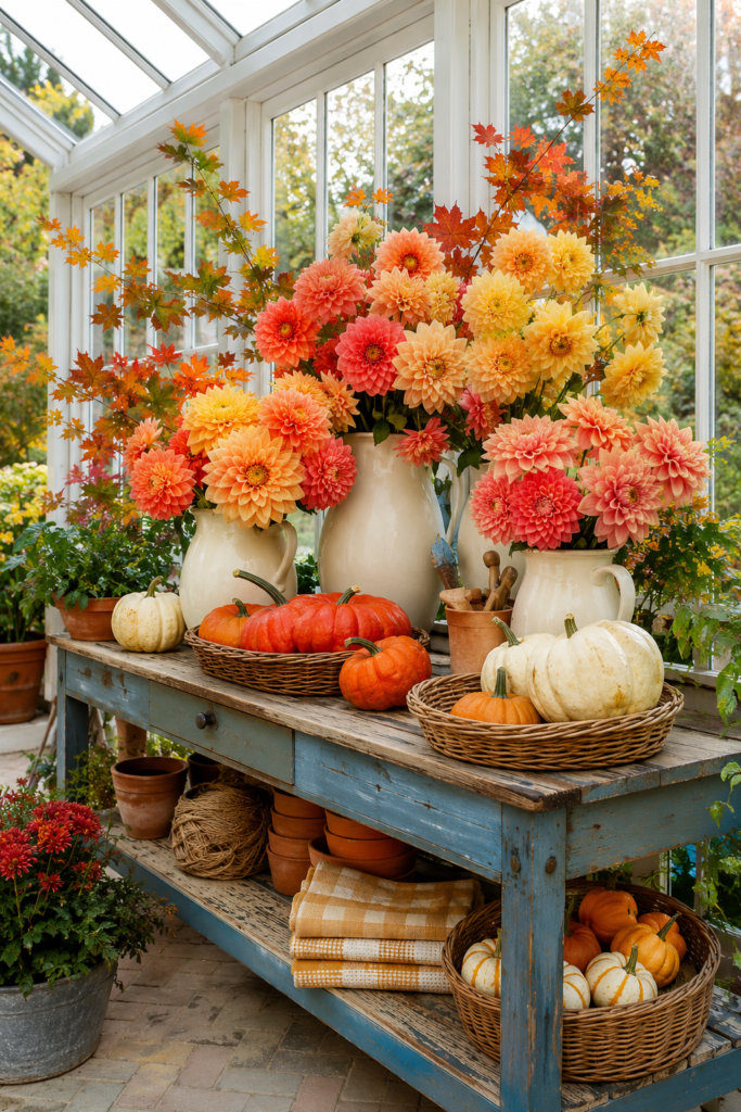 fall potting bench with dahlia bouquets woven pumpkin baskets and garden tools