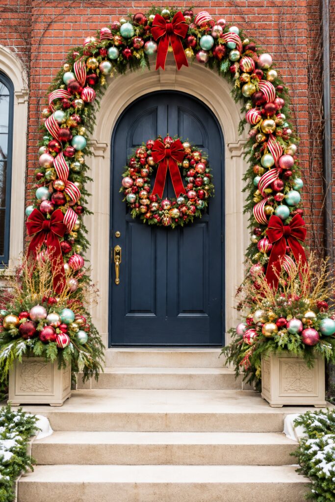 Christmas ornament arch around navy townhouse doors with red bows and decorated planters