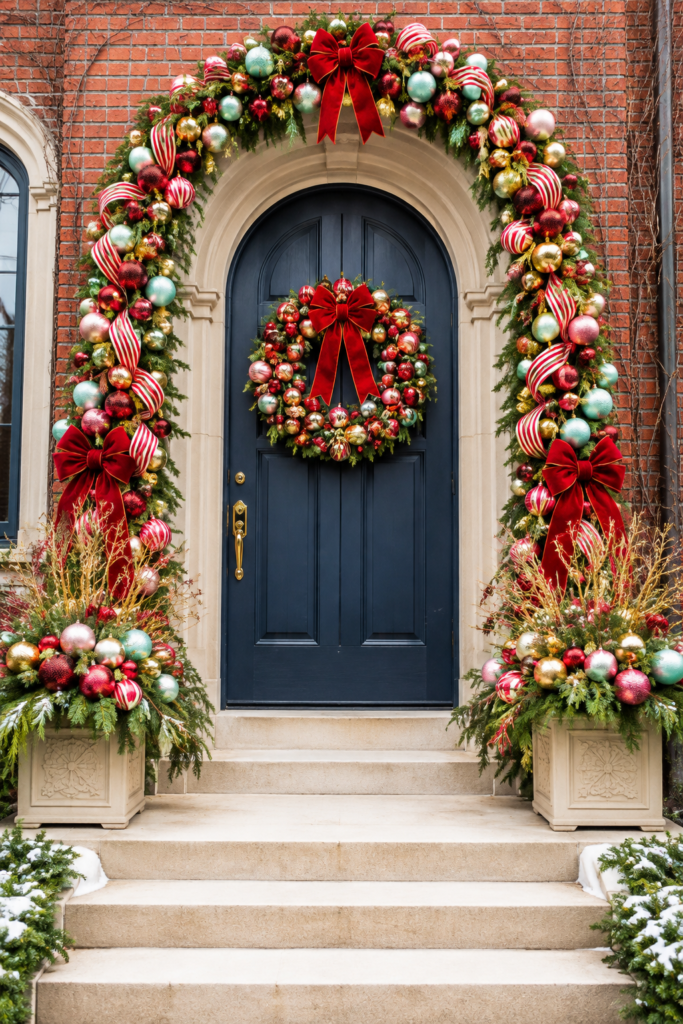 Christmas ornament arch around navy townhouse doors with red bows and decorated planters