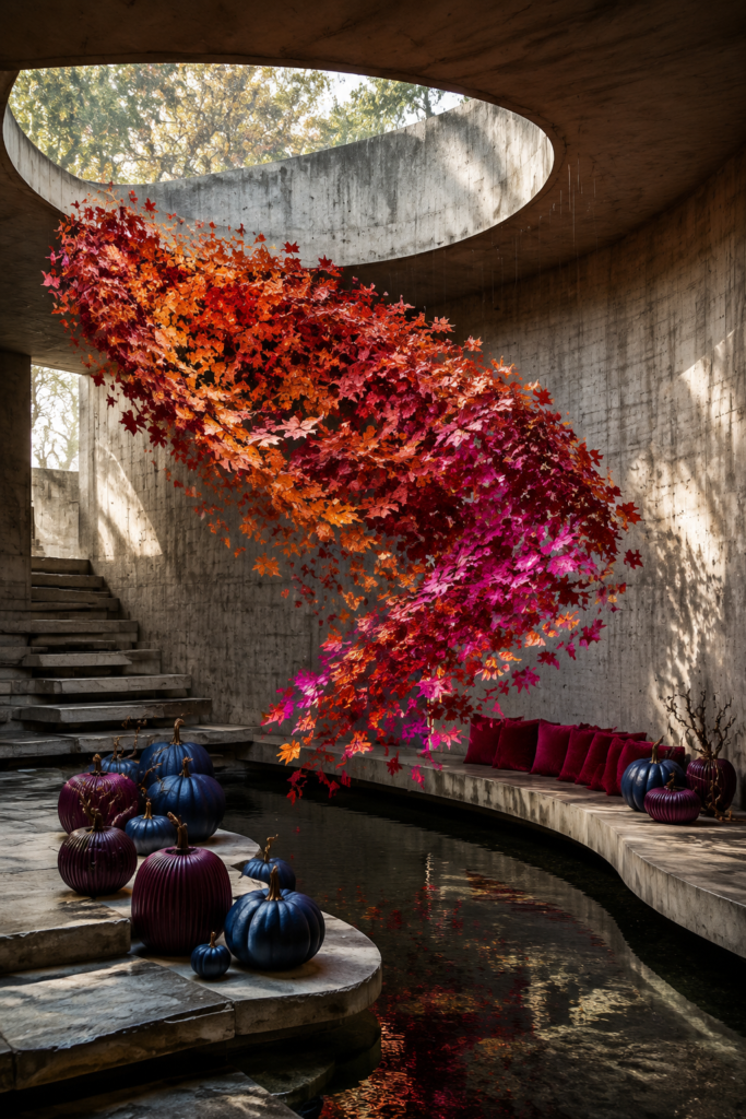 Sculptural concrete courtyard with a suspended orange and magenta leaf cloud navy and plum pumpkins burgundy cushions and reflecting water