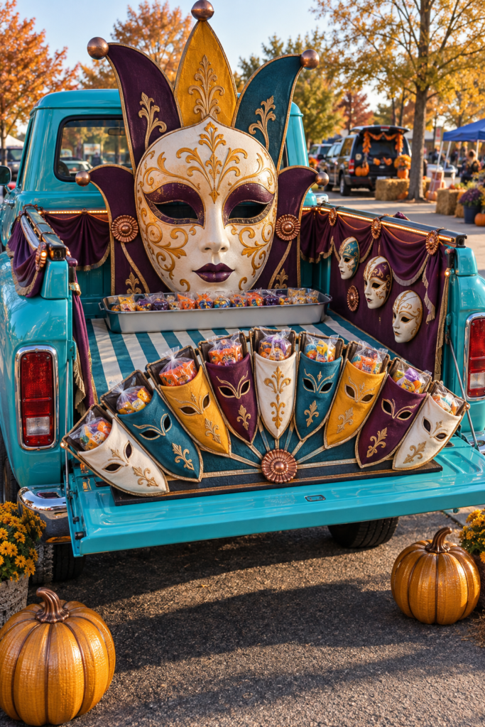 Vintage turquoise pickup with giant masquerade mask and fan shaped Halloween treat pockets on the tailgate