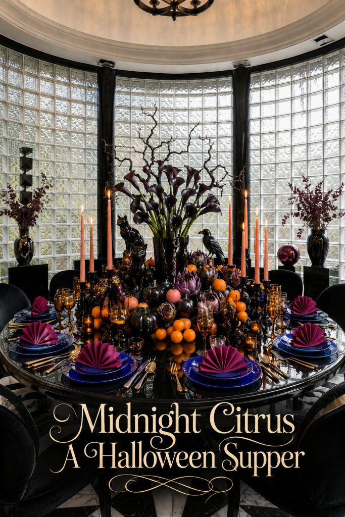 Round black table with citrus and Halloween figures beside cobalt place settings beneath ivory text reading Midnight Citrus A Halloween Supper