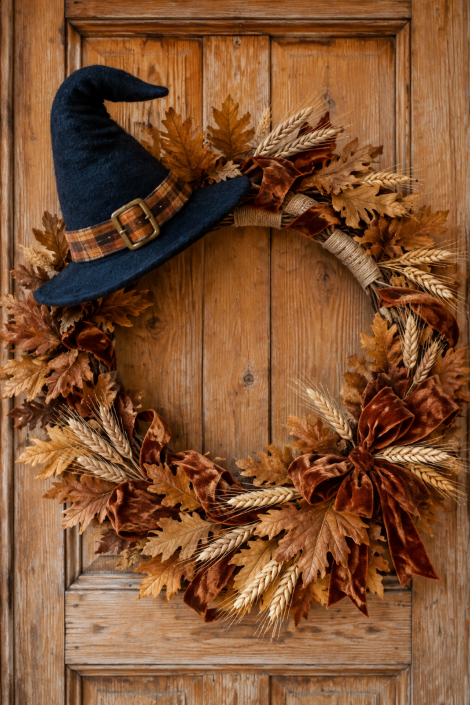 Dark witch hat with a plaid band and brass buckle on an autumn wreath of oak leaves wheat and rust velvet ribbon against a wooden door