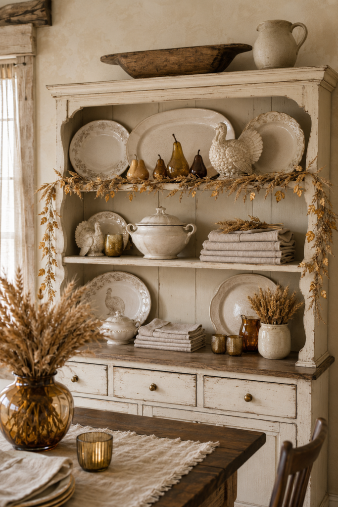 Cream Thanksgiving hutch displaying ivory platters ceramic turkeys amber pears folded linens and golden wheat garland beside a rustic dining table