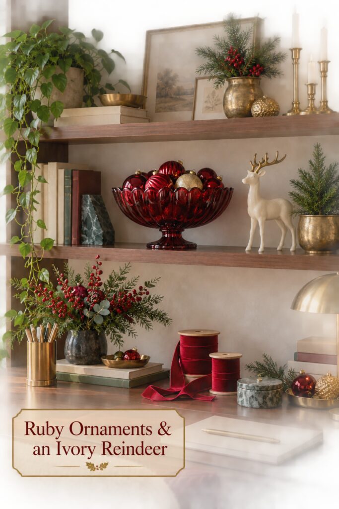 Ruby ornament bowl and ivory reindeer on walnut holiday shelves with title text at lower left