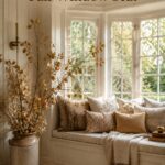 Autumn window nook with golden apple branches layered neutral cushions and text reading An Orchard Inspired Fall Window Seat