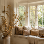 Autumn window nook with golden apple branches layered neutral cushions and text reading An Orchard Inspired Fall Window Seat