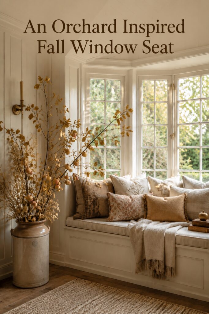 Autumn window nook with golden apple branches layered neutral cushions and text reading An Orchard Inspired Fall Window Seat