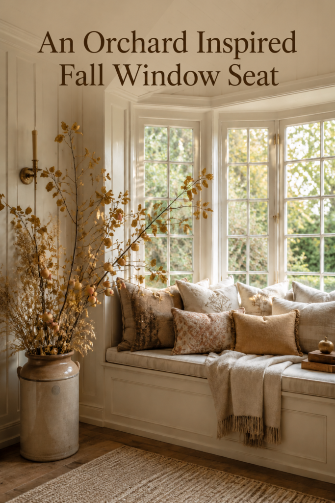 Autumn window nook with golden apple branches layered neutral cushions and text reading An Orchard Inspired Fall Window Seat