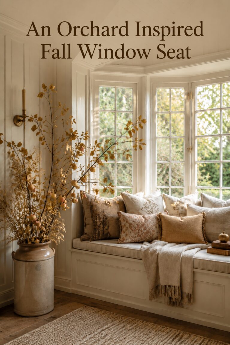 Autumn window nook with golden apple branches layered neutral cushions and text reading An Orchard Inspired Fall Window Seat