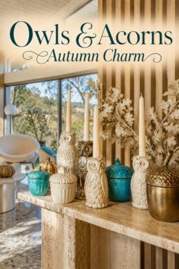 Fall console display of ceramic owls ivory tapers and teal acorn containers beneath the words Owls and Acorns Autumn Charm