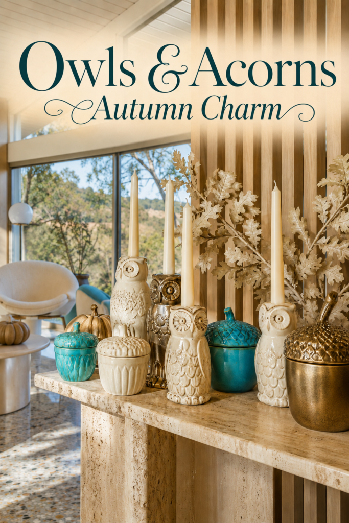 Fall console display of ceramic owls ivory tapers and teal acorn containers beneath the words Owls and Acorns Autumn Charm