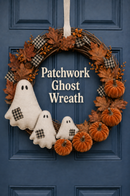 Farmhouse Halloween wreath on a blue paneled door with fabric ghosts velvet pumpkins and cream lettering reading Patchwork Ghost Wreath