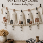 Patchwork ghosts with little key charms and gingham accents hanging on a ribbon garland