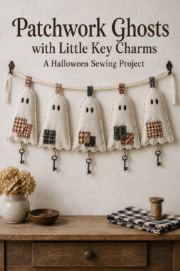 Patchwork ghosts with little key charms and gingham accents hanging on a ribbon garland