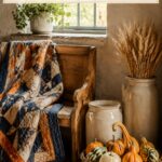 Autumn bench beneath a cottage window with a quilt wheat filled crock and harvest basket under text reading Patchwork and Harvest A Cozy Fall Bench