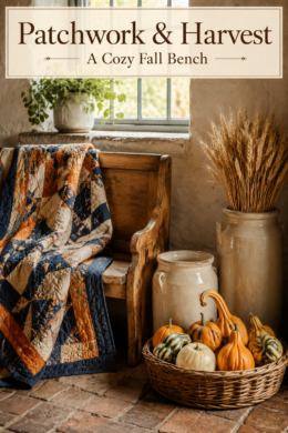 Autumn bench beneath a cottage window with a quilt wheat filled crock and harvest basket under text reading Patchwork and Harvest A Cozy Fall Bench