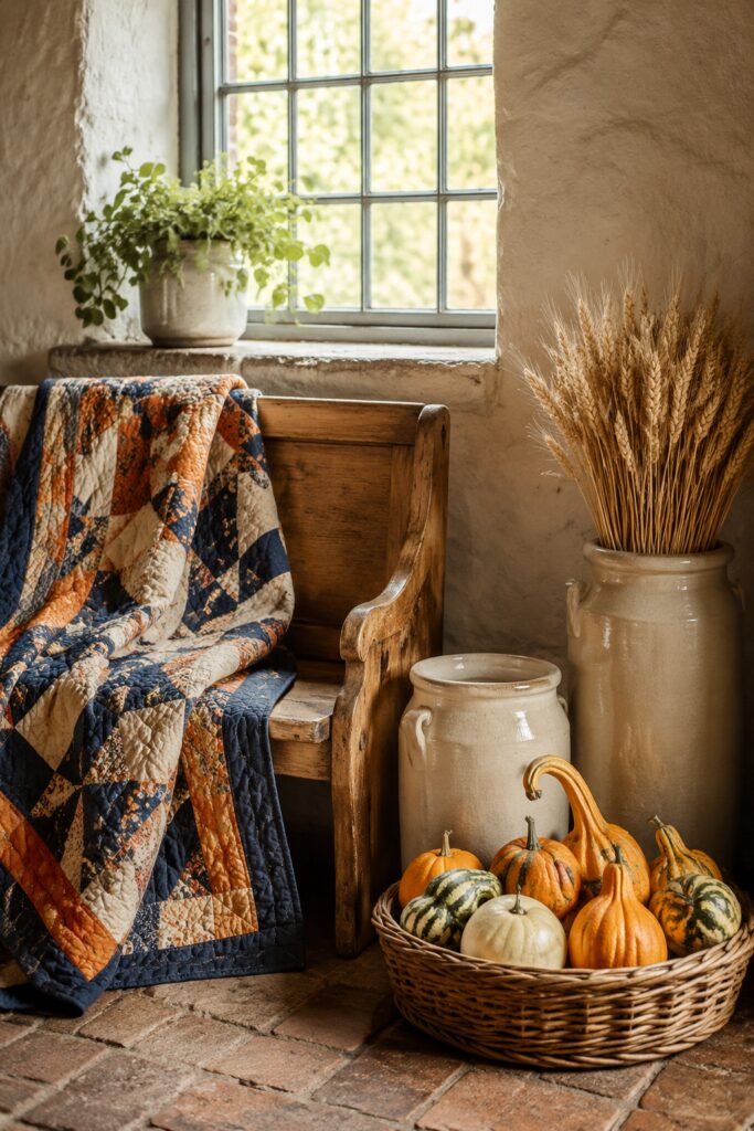 Navy rust and cream patchwork quilt draped over a wooden bench beside cream crocks dried wheat and a wicker basket of fall gourds