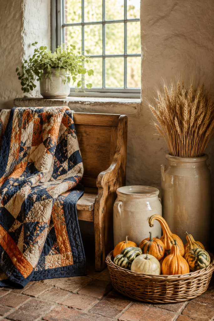 Navy rust and cream patchwork quilt draped over a wooden bench beside cream crocks dried wheat and a wicker basket of fall gourds