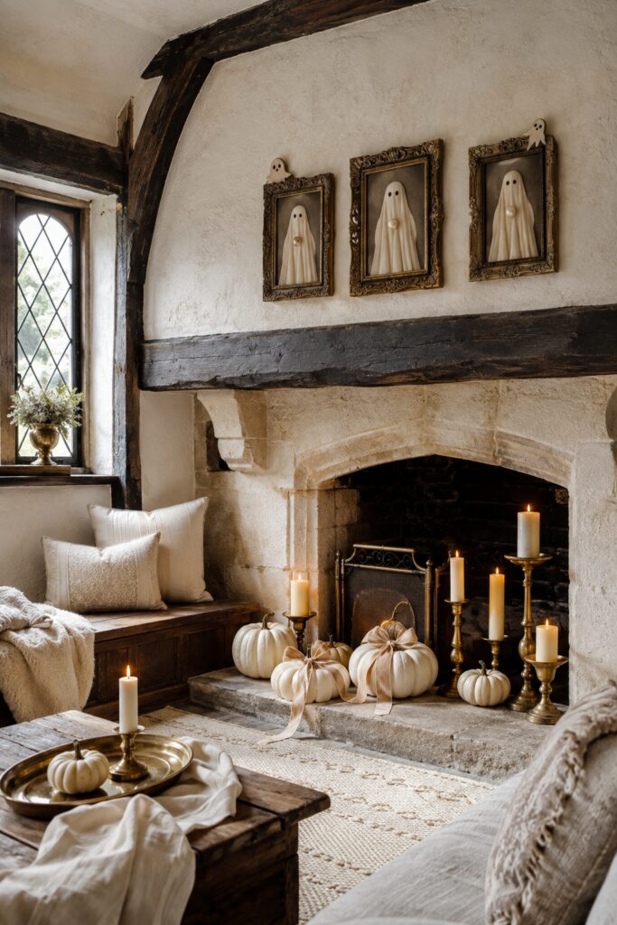 Three pearl button ghost portraits in ornate gold frames above a Tudor stone fireplace with ivory pumpkins brass candles and cream seating