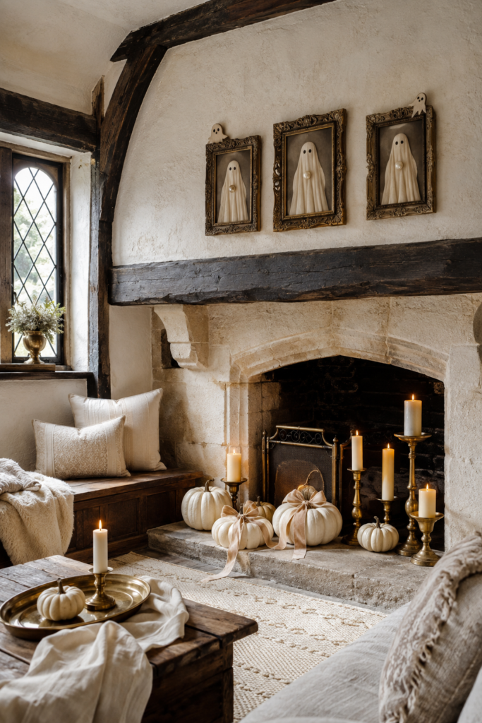 Three pearl button ghost portraits in ornate gold frames above a Tudor stone fireplace with ivory pumpkins brass candles and cream seating