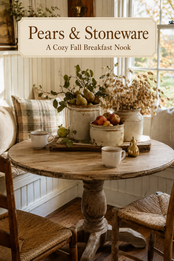 Harvest fruit and cream pottery centerpiece beneath a banner reading Pears and Stoneware A Cozy Fall Breakfast Nook with woven seat chairs in front