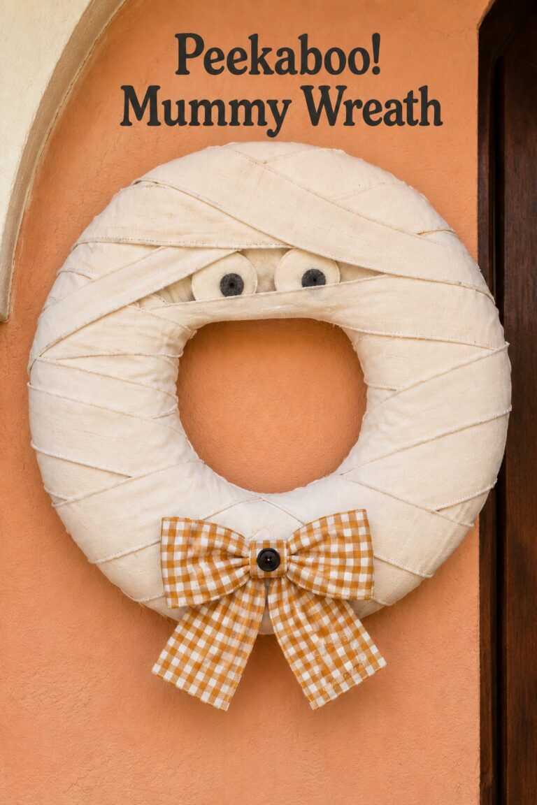 Peekaboo Mummy Wreath text above a Halloween ring wrapped in overlapping ivory strips with soft eyes and a golden checked bow
