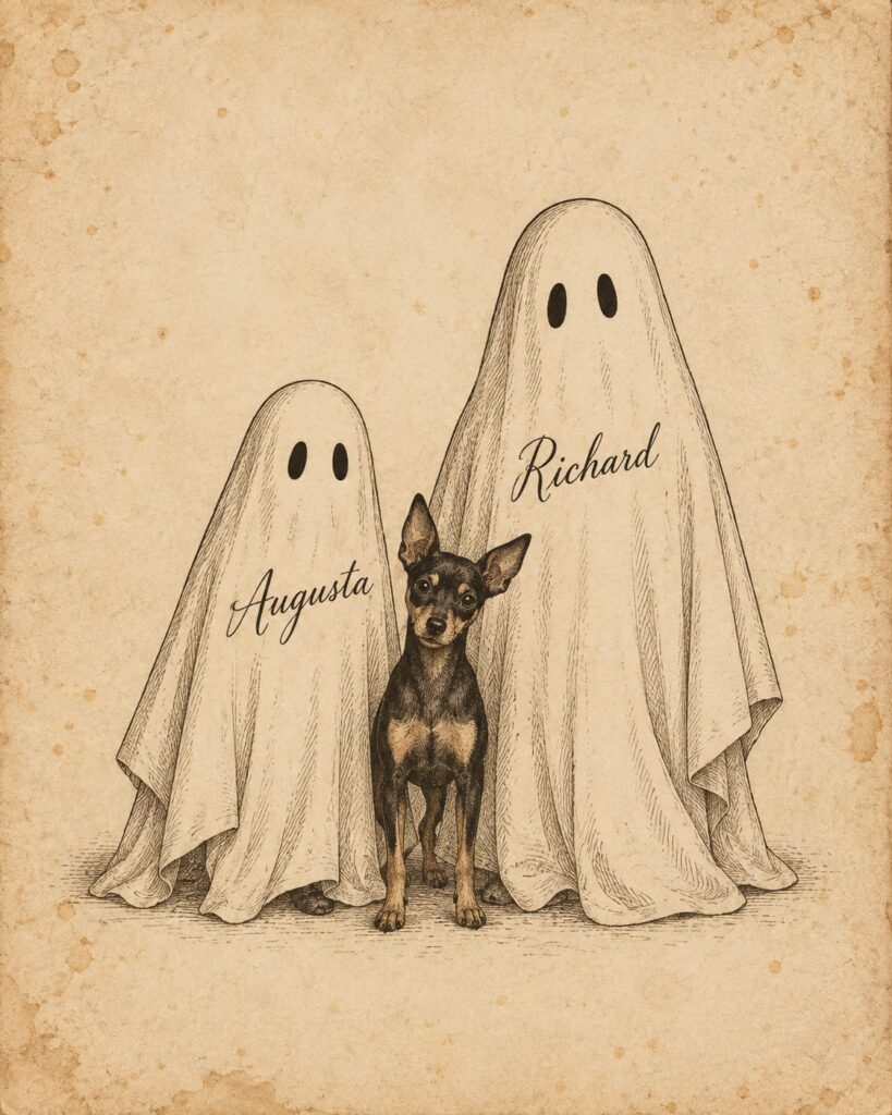 Pencil and sepia sketch of two ghosts with Min-Pin dog in between them and names on each ghost