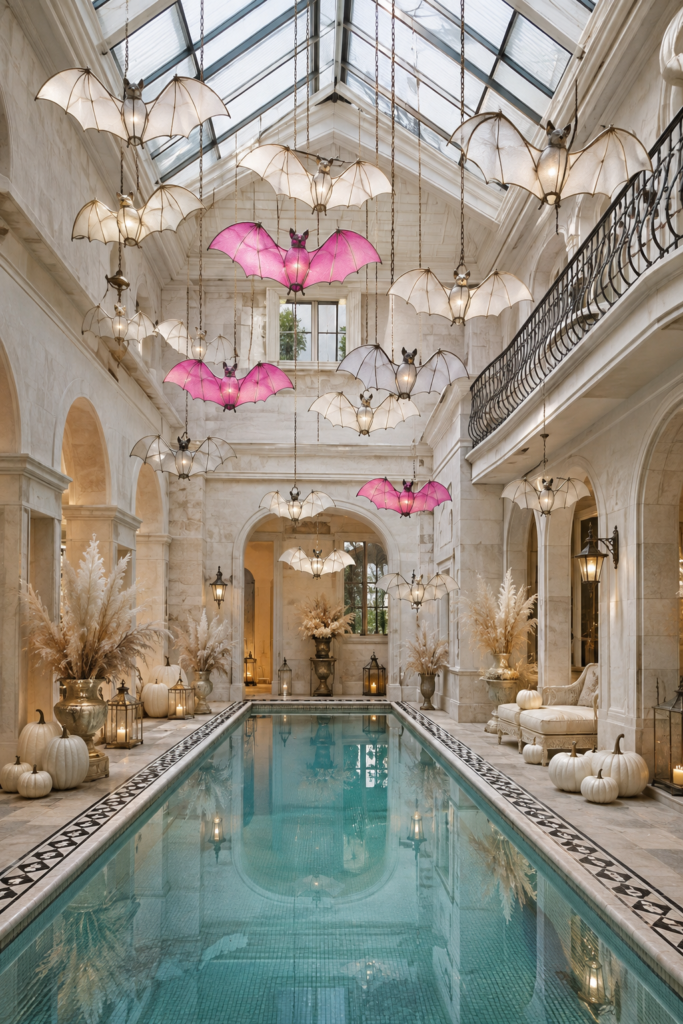 Ivory and pink bat lanterns hang above a turquoise indoor pool surrounded by white pumpkins and cream floral arrangements for Halloween