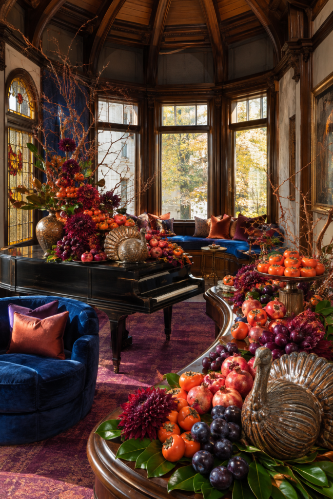Thanksgiving music salon with persimmons plum flowers metallic turkeys and blue velvet seating around a black grand piano