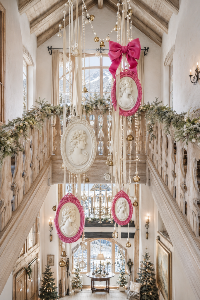 Pink and ivory cameo ornaments hang among pearl strands brass bells and cream ribbons in a Christmas chalet gallery with frosted evergreen railings