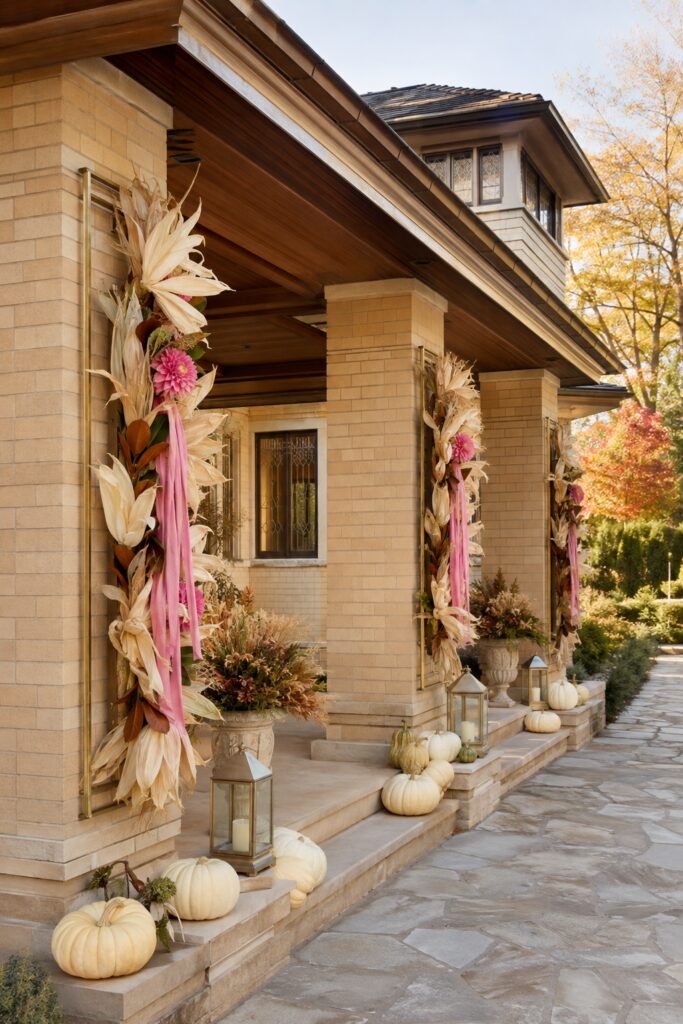Corn husk swags with pink flowers and trailing ribbons decorate brick porch columns above cream pumpkins lanterns and autumn urns