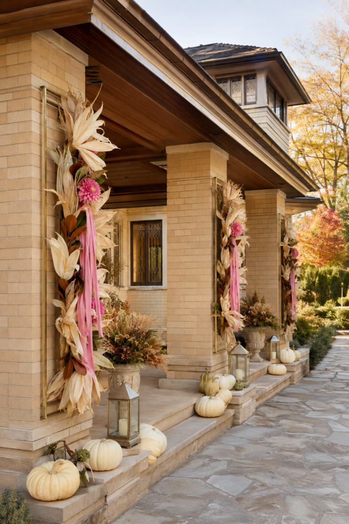 Corn husk swags with pink flowers and trailing ribbons decorate brick porch columns above cream pumpkins lanterns and autumn urns