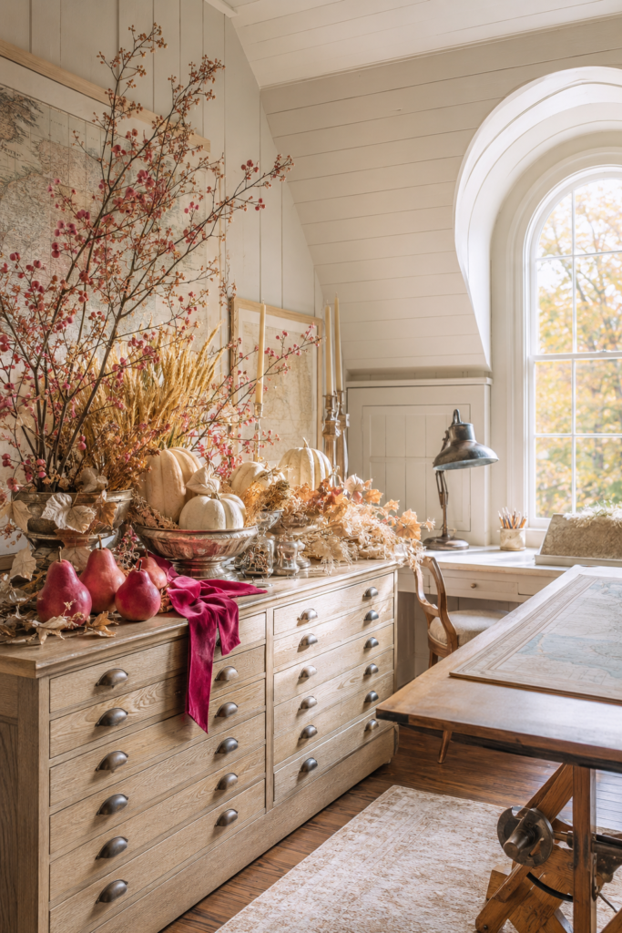 Pink pears and raspberry velvet accent silver bowls of cream pumpkins with wheat and autumn branches on a wooden map cabinet for Thanksgiving