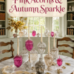 Sunlit breakfast library with pink glass acorn decor golden oak leaves and cream ribbon with text reading Pink Acorns and Autumn Sparkle