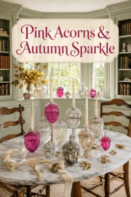 Sunlit breakfast library with pink glass acorn decor golden oak leaves and cream ribbon with text reading Pink Acorns and Autumn Sparkle