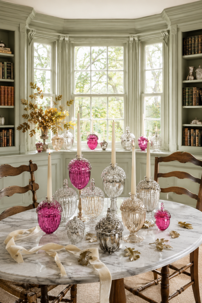 Pink clear and silver acorn shaped vessels with ivory candles on a marble fall table surrounded by sage bookshelves and wooden chairs