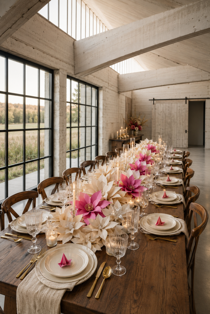 Pink and ivory paper poinsettias form a Christmas centerpiece on a long wooden barn table with cream plates gold flatware and folded pink paper trees