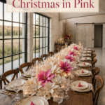 Rustic Christmas table with a paper poinsettia runner and clear candleholders beneath text reading Paper Poinsettias Christmas in Pink