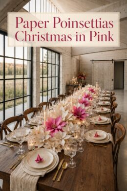 Rustic Christmas table with a paper poinsettia runner and clear candleholders beneath text reading Paper Poinsettias Christmas in Pink
