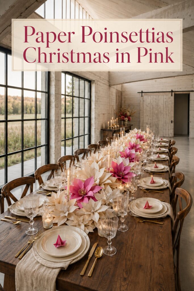 Rustic Christmas table with a paper poinsettia runner and clear candleholders beneath text reading Paper Poinsettias Christmas in Pink