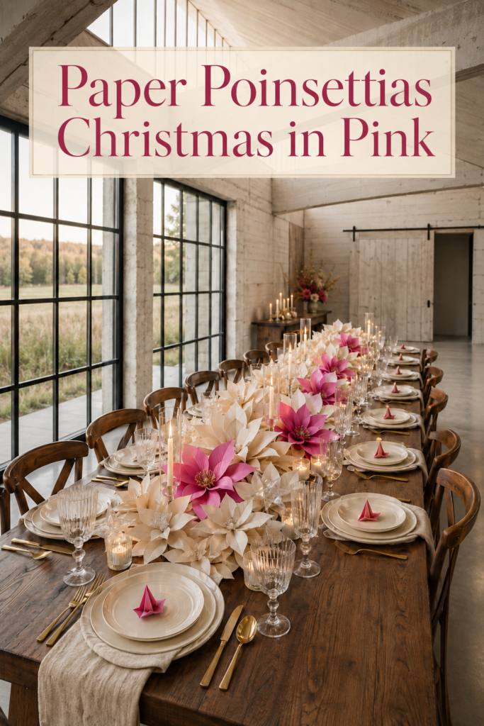Rustic Christmas table with a paper poinsettia runner and clear candleholders beneath text reading Paper Poinsettias Christmas in Pink