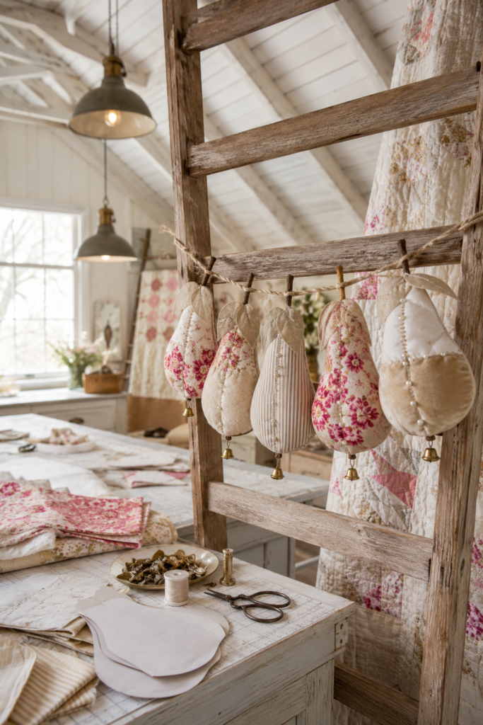 Handmade quilted pear pocket garland with ivory linen oatmeal ticking champagne velvet standout pink floral fabric pearl details flax stems and tiny brass bells in a bright farmhouse quilt studio