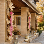 Prairie style covered entry with pink ribbon harvest swags and ivory pumpkins with text reading A Pink Ribbon Fall Welcome