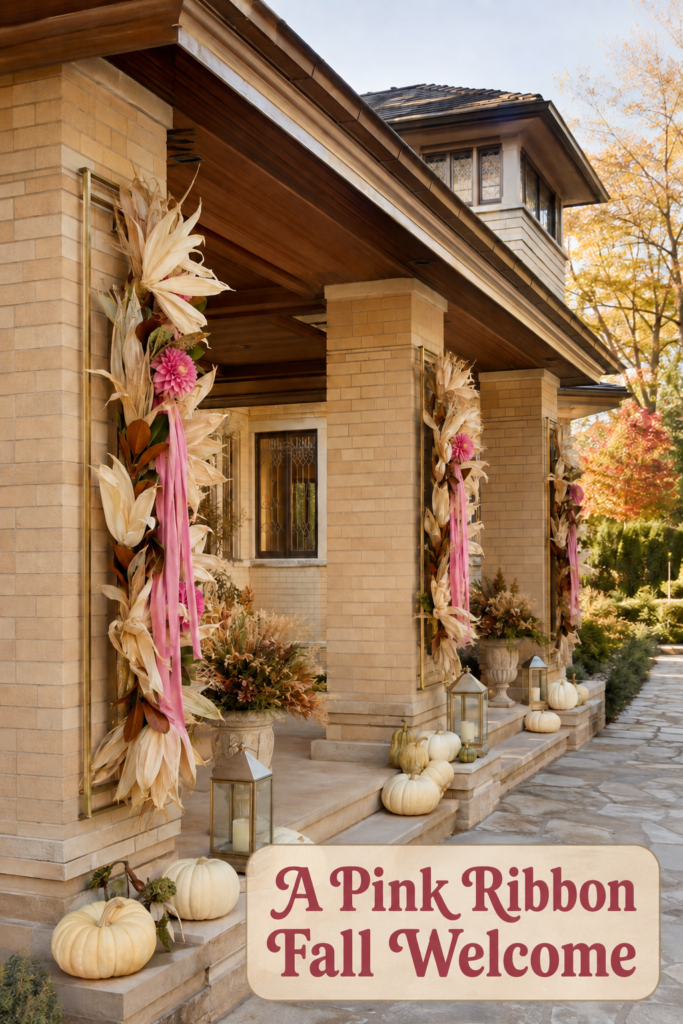 Prairie style covered entry with pink ribbon harvest swags and ivory pumpkins with text reading A Pink Ribbon Fall Welcome