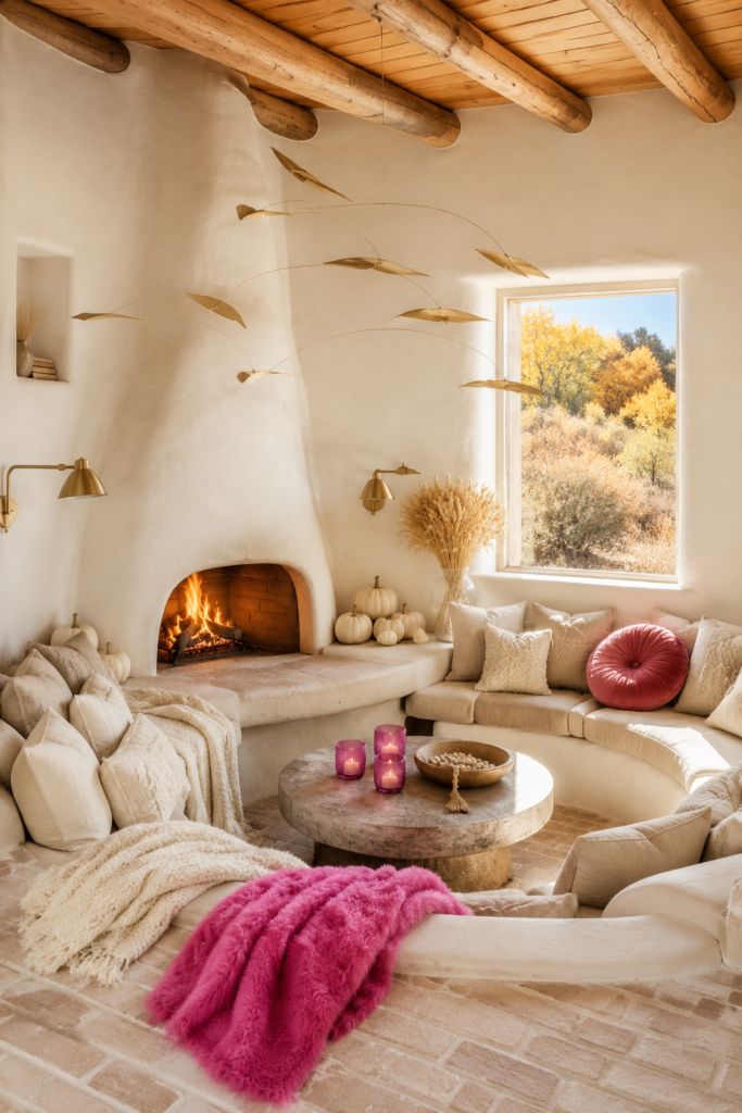 Adobe lounge with a kiva fireplace curved cream seating a round pink velvet cushion raspberry throw and pink glass votives styled for fall